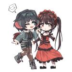  2girls animal_ears black_hair blunt_bangs boots breasts cleavage cropped_jacket crossover date_a_live detached_sleeves dress frilled_dress frilled_hairband frills fur_trim hairband heterochromia jacket jane_doe_(zenless_zone_zero) lolita_fashion lolita_hairband long_hair medium_breasts mouse_ears mouse_girl multiple_girls one_eye_closed open_mouth pantyhose red_dress red_eyes shorts smile tiyalinaria tokisaki_kurumi torn_clothes torn_pantyhose twintails white_background yellow_eyes zenless_zone_zero 
