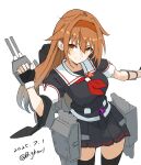  1girl absurdres adapted_turret ahoge autocannon bigkwl black_serafuku black_thighhighs blush breasts brown_eyes brown_hair cannon fingerless_gloves gloves hair_flaps hair_ornament hairband highres kantai_collection long_hair looking_at_viewer machinery mast medium_breasts neckerchief red_hairband ribbon rigging school_uniform serafuku ship_turret shiratsuyu_(kancolle) shiratsuyu_kai_ni_(kancolle) skirt smile smokestack thighhighs torpedo_launcher torpedo_tubes whistle whistle_around_neck 