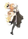  1girl absurdres animal_ear_fluff animal_ears black_headband black_overskirt blue_archive cat_ears choker emoticon1003 finger_to_mouth fluffy_hair frilled_choker frills from_side full_body grey_feathers halo hat headband highres idol idol_clothes index_finger_raised long_hair looking_at_viewer mari_(blue_archive) mari_(idol)_(blue_archive) mini_hat mini_top_hat official_alternate_costume one_eye_closed orange_hair outstretched_arm smile solo standing standing_on_one_leg top_hat white_background wrist_wrap yellow_halo 