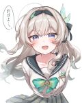  1girl arms_behind_back black_hair black_hairband blush bow bowtie buttons double-breasted enunu_7e firefly_(honkai:_star_rail) firefly_(spring_missive)_(honkai:_star_rail) gradient_eyes gradient_hair green_bow green_bowtie grey_hair grey_sailor_collar grey_skirt hair_between_eyes hair_intakes hair_ribbon hairband highres honkai:_star_rail honkai_(series) long_hair multicolored_eyes multicolored_hair open_mouth pleated_skirt purple_pupils ribbon sailor_collar simple_background skirt smile solo speech_bubble two-tone_eyes white_background 