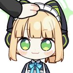  1girl 1other :3 animal_ear_headphones animal_ears animated animated_gif apron aqua_bow aqua_bowtie black_dress blinking blonde_hair blue_archive blunt_bangs blunt_ends blush_stickers bow bowtie cat_ear_headphones cat_ears chibi chunye_haruya closed_mouth collared_dress commission contrast_collar dot_nose dress fake_animal_ears green_eyes green_halo halo headpat headphones long_sleeves looking_up looping_animation lowres maid maid_apron maid_headdress midori_(blue_archive) midori_(maid)_(blue_archive) missing_commentary official_alternate_costume official_alternate_hairstyle ponytail second-party_source short_hair sidelocks simple_background smile solo_focus transparent_background upper_body white_apron white_headdress 