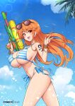  1girl :d arm_tattoo bikini blue_bikini blue_sky bracelet breasts cloud commission day eyewear_on_head floating_hair hand_up holding holding_water_gun huge_breasts jewelry long_hair nami_(one_piece) navel one_piece orange_hair outdoors side-tie_bikini_bottom sky smile solo stomach striped_bikini striped_clothes sunglasses swimsuit tattoo very_long_hair virus-g w water_gun 