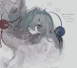  2girls bags_under_eyes black_eyes blue_shirt eyeball frilled_shirt_collar frills green_hair hand_on_another&#039;s_head headpat komeiji_koishi komeiji_satori lap_pillow long_hair mist1etoe_o multiple_girls pink_skirt shirt siblings sisters skirt third_eye touhou translation_request 