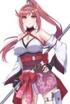  1girl bare_shoulders breasts chest_jewel cleavage commentary_request core_crystal_(xenoblade) criss-cross_halter detached_sleeves expressionless fingerless_gloves flipped_bangs glimmer_(xenoblade) gloves halterneck hand_on_own_hip high_ponytail highres holding holding_weapon japanese_clothes kimono large_breasts long_hair looking_at_viewer obi polearm ponytail red_hair sash shinae solo swept_bangs weapon white_kimono wide_sleeves xenoblade_chronicles_(series) xenoblade_chronicles_3 xenoblade_chronicles_3:_future_redeemed 