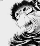 absurd_res angry anthro berserk_(series) circle_eyebrows cloak clothing digital_drawing_(artwork) digital_media_(artwork) digital_painting_(artwork) eyebrows female hair hi_res horn line_art no_pupils painting_(artwork) screaming signature slushie_(slushievrc) solo teeth teeth_showing wickerbeast wreckerqd