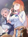 2girls :t absurdres apron blue_eyes blue_ribbon blurry blurry_background blurry_foreground blush bowl braid cardigan cardigan_around_waist closed_eyes clothes_around_waist collared_shirt commentary_request eating food food_on_face frown furrowed_brow gakuen_idolmaster grey_hair hair_ornament hairclip hatsuboshi_gakuen_school_uniform highres holding holding_bowl holding_whisk idolmaster indoors katsuragi_lilja kitanoneko lens_flare long_hair looking_at_another mixing_bowl multiple_girls neck_ribbon open_mouth orange_hair ribbon school_uniform scrunchie shirt shiun_sumika short_hair sparkle whisk white_shirt 