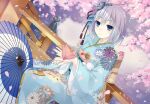  1girl blue_eyes blue_kimono cherry_blossoms date_a_live date_a_live:_spirit_pledge dutch_angle falling_petals floral_print flower game_cg hair_flower hair_ornament japanese_clothes kimono long_sleeves official_art origami outdoors petals short_hair smile solo third-party_source tobiichi_origami white_hair wide_sleeves 