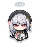  ... 1girl :&lt; animalization bead_necklace beads beret black_gloves black_hat black_ribbon black_shirt changli_(wuthering_waves) chibi chibi_only closed_mouth commentary dog-san gloves grey_hair hair_ribbon hat highres jewelry jinhsi_(wuthering_waves) looking_at_viewer mismatched_irises mole mole_under_mouth necklace red_eyes ribbon sanhua_(wuthering_waves) shirt short_hair simple_background solo spoken_ellipsis spoken_sweatdrop straight-on sweatdrop symbol-only_commentary tacet_mark_(wuthering_waves) white_background wuthering_waves 