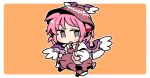  1girl animal_ears bird_ears bird_girl bird_wings black_shoes blush border bow bowtie brown_dress brown_hat brown_socks chibi chibi_only collared_shirt commentary dress earrings full_body grey_eyes hat ini_(inunabe00) jewelry long_sleeves looking_at_viewer mystia_lorelei open_mouth orange_background outline outside_border pink_hair shirt shoes short_hair simple_background single_earring sleeve_garter socks solo touhou white_border white_bow white_bowtie white_outline white_shirt winged_hat winged_shoes wings 