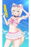  1girl animal_ear_fluff animal_ears arlonn arm_up armpits bandaid bandaid_hair_ornament bikini black_choker blonde_hair blue_eyes blue_sky blush breasts choker collarbone dog_ears dog_girl dog_tail eyewear_on_head frilled_bikini_bottom front-tie_bikini_top front-tie_top hair_between_eyes hair_ornament highres holding holding_water_gun hololive hololive_english looking_at_viewer medium_breasts mococo_abyssgard multiple_girls navel open_mouth pink_bikini short_hair sky smile solo stomach striped_bikini striped_clothes sunglasses swimsuit tail thighs virtual_youtuber water_gun x_hair_ornament 