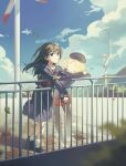 2girls absurdres against_railing beret black_hair blonde_hair blue_sailor_collar blue_skirt blue_sky cloud commentary_request falling_leaves flower frenda_seivelun hair_flower hair_ornament hat highres holding holding_phone labixiaohua leaf long_hair multiple_girls neckerchief outdoors pantyhose phone pleated_skirt railing red_neckerchief red_skirt sailor_collar sakugawa_school_uniform saten_ruiko school_uniform serafuku shirt skirt sky toaru_kagaku_no_railgun toaru_kagaku_no_railgun_s toaru_majutsu_no_index white_shirt wind_turbine 