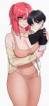  1girl age_difference aged_down black_hair black_shirt blue_eyes blush breasts carrying cleavage closed_mouth collarbone dongtan_dress dress eyebrows_hidden_by_hair eyes_visible_through_hair gangchan_(someone_stop_her) half_updo highres joonibell kneehighs large_breasts lena_(someone_stop_her) looking_at_viewer mature_female medium_hair multicolored_hair orange_hair oversized_clothes oversized_shirt pink_dress purple_eyes shirt shirt_tucked_in shorts smile socks someone_stop_her standing streaked_hair thighs white_background white_hair white_shorts white_socks 