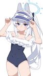  adjusting_clothes adjusting_headwear bare_shoulders blue_archive blue_halo blue_one-piece_swimsuit covered_navel grey_hair hair_between_eyes halo highres long_hair mikokomiyazawa miyako_(blue_archive) miyako_(swimsuit)_(blue_archive) one-piece_swimsuit ponytail purple_eyes simple_background swimsuit thighs white_background 