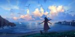  1girl animal bird blue_sky cat chinnkun cloud cloudy_sky dawn dock dress fantasy floating_castle floating_rock flower from_behind grass landscape long_hair ocean original outstretched_arms painterly planet shore signature sky waves white_flower wind 