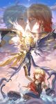  2boys absurdres age_comparison alternate_form antenna_hair armlet armor asymmetrical_wings bare_pectorals black_pants black_shirt black_wings blonde_hair blue_eyes chinese_commentary clawed_gauntlets closed_eyes commentary_request cracked_skin earrings gold_earrings gold_necklace gradient_hair hair_between_eyes halo halo_behind_head highres honkai:_star_rail honkai_(series) jewelry looking_at_another male_focus material_growth medium_hair multicolored_hair multiple_boys mydei_(a_trail_of_bygone_blood)_(honkai:_star_rail) mydei_(honkai:_star_rail) necklace pants parted_bangs parted_lips pauldrons pectorals phainon_(honkai:_star_rail) profile red_hair shirt short_hair shoulder_armor single_pauldron sleeveless sleeveless_shirt tentacles torn_clothes torn_shirt white_hair wings yaoi yellow_blood yellow_eyes yellow_wings yinghuacanluo 