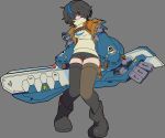  1girl absurdres bike_shorts black_boots black_hair black_shorts black_thighhighs blue_hair blue_jacket boots chest_harness guilty_gear guilty_gear_strive guilty_gear_strive:_dual_rulers hair_over_one_eye harness highres holding holding_sword holding_weapon jacket kekeken looking_at_viewer multicolored_hair red_eyes short_hair shorts solo streaked_hair sweater sword thighhighs unika_(guilty_gear) weapon white_sweater 