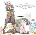  1boy 1girl black_ribbon glasses hands_on_own_arms mabinogi mascot morphidrianas_(mabinogi) multicolored_hair prostration rian_(bdl) ribbon round_eyewear two-tone_hair white_hair 