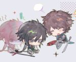  ... 2boys black_hair cape chibi chibi_only closed_eyes hair_between_eyes long_hair long_sleeves low_ponytail male_focus multiple_boys original pants ponytail qyzhiaiyisheng shaded_face shirt short_hair sitting smile spoken_ellipsis sword weapon 