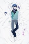  1boy aqua_eyes aqua_sweater_vest arms_behind_head blue_hair blue_necktie blue_pants character_doll coat collared_shirt dakimakura_(medium) doll flask full_body gagake_v glasses grey_shirt hair_between_eyes highres lab_coat leos_vincent leos_vincent_(1st_costume) male_focus mameneko_(leos_vincent) necktie nijisanji object_in_pocket open_clothes open_coat pants pen_in_pocket pocket protected_link round-bottom_flask shirt short_hair socks solo spill tie_clip virtual_youtuber white_coat white_socks 