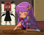  :&lt; bare_shoulders barefoot bat_wings bdsm blush bondage bound bow chain crescent crescent_hair_ornament dress feet hair_bow hair_ornament hair_ribbon head_wings kneeling koakuma long_hair long_sleeves magic_circle multiple_girls necktie off_shoulder onikobe_rin patchouli_knowledge purple_eyes purple_hair red_hair ribbon riding_crop single_sock socks tied_up touhou wings 