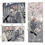  4boys alternate_universe book cherry_blossoms crossed_arms diploma_tube helmeppo kalk0011 koby_(one_piece) male_focus monkey_d._luffy multiple_boys one_piece open_mouth petals pink_hair roronoa_zoro round_eyewear school_uniform spring_(season) talking teeth 