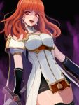 1girl armor aura black_gloves black_skirt black_thighhighs breastplate breasts cape celica_(fire_emblem) celica_(imprisoned_soul)_(fire_emblem) choker dark_aura dress earrings evil_smile fingerless_gloves fire_emblem fire_emblem_echoes:_shadows_of_valentia fire_emblem_heroes gloves highres holding holding_sword holding_weapon jewelry labebebe_lee long_hair medium_breasts orange_eyes orange_hair princess red_eyes red_hair skirt smile solo sword thighhighs thighs tiara weapon white_armor white_dress witch 