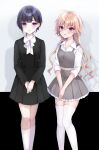  2girls absurdres black_hair black_shirt black_skirt blunt_bangs blush brown_hair commentary_request commission feet_out_of_frame grey_skirt highres idolmaster idolmaster_cinderella_girls long_hair looking_at_viewer midriff multiple_girls ninomiya_asuka nuno_kire own_hands_together pink_eyes pixiv_commission shirayuki_chiyo shirt short_hair skirt smile socks thighhighs very_long_hair white_shirt white_socks white_thighhighs zettai_ryouiki 