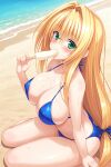 1girl areola_slip beach bikini blonde_hair blue_bikini blue_bow blush bow breasts covered_nipples cygnus_(cygnus7) food food_in_mouth glasses green_eyes hair_bow hair_intakes highres holding holding_food holding_popsicle large_breasts long_hair looking_at_viewer outdoors popsicle popsicle_in_mouth sand sitting solo swimsuit tearju_lunatique thighs to_love-ru to_love-ru_darkness very_long_hair water 