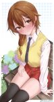  1girl absurdres black_necktie black_thighhighs blue_flower blush border bow breasts brown_eyes brown_hair closed_mouth collared_shirt commentary_request commission crossed_bangs dress_shirt feet_out_of_frame flower green_flower hair_between_eyes hair_bow hair_ornament hair_over_shoulder highres large_breasts long_hair long_sleeves low-tied_long_hair miniskirt narumi_misaki_(kuya2009) necktie on_bench original outside_border over-kneehighs pixiv_commission pleated_skirt purple_flower red_skirt rikka006 school_uniform shirt sitting skirt solo split_mouth sweater_vest thighhighs white_border white_shirt x_hair_ornament yellow_bow yellow_sweater_vest 