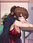  1girl arm_rest armpit_peek black_jacket blue_eyes blush breasts brown_hair christmas_tree cleavage commentary crossed_arms dress highres idolmaster idolmaster_million_live! indoors jacket jacket_on_shoulders kamille_(vcx68) large_breasts locker looking_at_viewer ponytail red_dress redrawn satake_minako sleeveless sleeveless_dress solo 