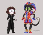 2025 4_fingers alternate_costume anthro artist_name black_body black_bottomwear black_clothing black_coat black_eyebrows black_footwear black_fur black_nose black_pants black_shoes black_topwear black_trenchcoat black_vest blue_clothing blue_eyes blue_footwear blue_gloves blue_handwear blue_shoes blush blush_stickers bottomwear brown_hair clothed clothed_anthro clothed_female clothed_human clothed_male clothing clothing_swap coat collared_shirt colored cosplay crossover crossover_cosplay digital_drawing_(artwork) digital_media_(artwork) dipstick_tail domestic_cat duo eyebrows eyewear felid feline felis female female_human fingers fool&#039;s_hat footwear front_view full-length_portrait fully_clothed fully_clothed_anthro fully_clothed_female fully_clothed_human fully_clothed_male fur glasses glitch_productions gloves green_eyes grey_background hair handwear hat head_tuft headgear headwear hi_res human jester_outfit lackadaisy littlevioletart male male_anthro mammal markings monotone_background monotone_bottomwear monotone_clothing monotone_coat monotone_pants monotone_topwear monotone_vest mordecai_heller multicolored_body multicolored_eyes multicolored_fur necktie noseless open_mouth pants pomni_(tadc) portrait red_clothing red_eyes red_footwear red_gloves red_handwear red_necktie red_shoes shirt shoes simple_background straight_hair tail tail_markings teeth text the_amazing_digital_circus topwear trenchcoat tuft tuxedo_cat twitter_handle two_tone_body two_tone_eyes two_tone_fur vest wearing_glasses whiskers white_body white_clothing white_collared_shirt white_eyebrows white_fur white_shirt white_skin white_tail_tip white_topwear white_whiskers