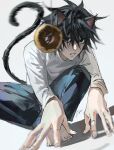  1boy animal_ears barefoot black_eyes black_hair black_pants cat_boy cat_ears cat_tail commentary crew_neck death_note donut english_commentary fingernails food full_body highres kemonomimi_mode l_(death_note) long_sleeves looking_at_foot looking_to_the_side male_focus pants rain_(neporain) shirt signature simple_background solo string tail white_background white_shirt 