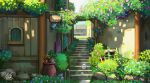  chinnkun day facing_viewer fantasy flower flower_pot garden landscape lightning looking_at_viewer original outdoors painterly pink_flower pink_rose post_sign rock rose rose_bush signature spirits stairs window 