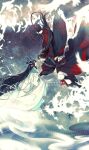  2boys ahoge artist_name bird black_boots black_eyes black_hair black_hanfu blurry blurry_foreground boots chinese_clothes chinese_text couple dragon_boy eastern_dragon_horns english_commentary floating_clothes floating_hair flying from_side fur-trimmed_robe fur_trim glowing_bird hair_ribbon hanfu headband highres kemonomimi_mode lan_wangji light_particles long_hair long_sleeves looking_at_another male_focus minataka94 modao_zushi multiple_boys open_mouth pants parted_lips pointy_ears ponytail profile reaching reaching_towards_another red_ribbon ribbon robe sash sidelocks sky smile smoke topknot very_long_hair watermark wei_wuxian white_bird white_hanfu white_headband white_pants wide_sleeves xiao_guan_(headdress) yaoi 