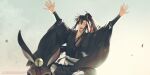  1boy :d ^_^ ahoge animal arms_up bell black_hair black_hanfu chinese_clothes closed_eyes dizi donkey english_commentary facing_viewer falling_leaves flute flute_tassel hair_between_eyes hair_ribbon hanfu happy highres horseback_riding indian_style instrument jingle_bell leaf long_hair long_sleeves male_focus minataka94 modao_zushi open_mouth outdoors outstretched_arms pants ponytail red_ribbon ribbon riding robe sash sidelocks sitting sky smile solo tassel transverse_flute upper_body watermark wei_wuxian white_pants wide_sleeves wind 