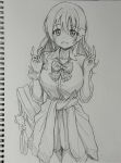  1girl :d animal_charm bag bent_v bow bowtie breasts cardigan cardigan_around_waist charm_(object) clothes_around_waist collarbone collared_shirt commentary_request cowboy_shot double_v emma_verde graphite_(medium) greyscale gyaru gyarugasaki hair_ornament hatching_(texture) highres honochikacchi kogal large_breasts linear_hatching long_hair looking_at_viewer love_live! love_live!_nijigasaki_high_school_idol_club miniskirt monochrome official_alternate_costume open_mouth pen_(medium) plaid_bow plaid_bowtie plaid_clothes pleated_skirt school_bag school_uniform shirt simple_background skirt smile solo standing star_(symbol) star_hair_ornament teeth three-quarter_sleeves traditional_media upper_teeth_only v white_background 