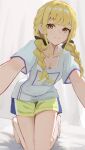  1girl absurdres bare_legs barefoot black_bow blonde_hair blush bow braid breasts collarbone fujita_kotone gakuen_idolmaster haimaotuanzi hair_bow highres idolmaster indoors kneeling light_smile long_hair looking_at_viewer shirt short_shorts short_sleeves shorts small_breasts solo twin_braids two-tone_shorts white_shirt yellow_eyes 