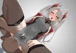  1boy 1girl absurdres ahegao ahoge azur_lane breasts brown_thighhighs commentary_request covered_navel dark-skinned_male dark_skin dress girl_on_top gradient_background grey_background grey_dress grey_hair hakkaman119 hands_on_another&#039;s_thighs hetero highres interracial large_breasts large_variant_set long_hair multicolored_hair open_mouth prinz_eugen_(azur_lane) sideboob sitting_on_face solo_focus squatting streaked_hair teeth thick_thighs thighhighs thighs tongue two_side_up upper_teeth_only variant_set 