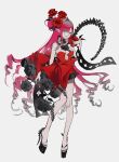  1girl absurdres baobhan_sith_(fate) bare_shoulders breasts cleavage detached_collar dress earrings fate/grand_order fate_(series) full_body grey_eyes highres jewelry large_breasts le_memory long_hair looking_at_viewer open_mouth pink_hair platform_heels pointy_ears red_dress smile solo 