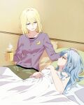  2girls bang_dream! bang_dream!_it&#039;s_mygo!!!!! blonde_hair blue_hair coffee_mug commentary_request cup hand_on_another&#039;s_head holding holding_cup indoors long_sleeves medium_hair misumi_uika mug multiple_girls nude on_bed open_mouth parted_lips pillow purple_eyes purple_shirt rhapsode shirt smile togawa_sakiko under_covers yellow_eyes yuri 