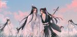  6+boys alternate_hairstyle artist_name black_eyes black_hair black_hanfu blue_sky chinese_clothes closed_eyes closed_mouth cloud cloudy_sky day dizi english_commentary eye_contact field floating_hair flower flute flute_tassel grass hair_ribbon half_updo hand_up hanfu headband high_ponytail highres holding holding_flute holding_hands holding_instrument instrument lan_jingyi lan_qiren lan_sizhui lan_wangji lan_xichen long_hair long_sleeves looking_at_another male_focus minataka94 modao_zushi multiple_boys outdoors parted_lips ponytail profile red_ribbon ribbon robe sash sidelocks sky smile standing tassel topknot transverse_flute very_long_hair walking watermark wei_wuxian white_hanfu white_headband wide_sleeves wind xiao_guan_(headdress) yaoi yaopei yellow_eyes 