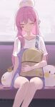 1girl absurdres bag bare_legs closed_eyes closed_mouth highres holding holding_bag long_hair mac_star original pink_hair shirt smile solo t-shirt white_shirt 