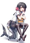  1girl absurdres black_hair black_pantyhose black_skirt candy chair comaya commentary_request ellen_joe fins fish_tail food highres holding holding_candy holding_food holding_lollipop lollipop looking_at_viewer multicolored_hair on_chair open_mouth pantyhose red_eyes red_hair shark_girl shark_tail sharp_teeth shirt short_sleeves simple_background sitting skirt solo tail teeth two-tone_hair upper_teeth_only white_background white_shirt zenless_zone_zero 