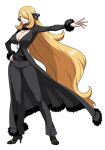  1girl alternate_breast_size black_coat blonde_hair breasts cleavage coat cynthia_(pokemon) fur-trimmed_coat fur-trimmed_sleeves fur_collar fur_trim grey_eyes hair_ornament hair_over_one_eye highres large_breasts long_hair long_sleeves looking_at_viewer pokemon simple_background smile solo very_long_hair yxyyxy 