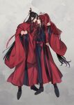  2boys artist_name bishounen black_boots black_eyes black_hair black_hanfu boots chinese_clothes chinese_wedding closed_mouth coat couple dancing dress english_commentary eye_contact face-to-face full_body grey_background hair_ribbon hand_on_another&#039;s_waist hand_up hanfu headband highres holding_hands honggaitou hug imminent_kiss lan_wangji long_hair long_sleeves looking_at_another male_focus minataka94 modao_zushi multiple_boys noses_touching open_clothes open_coat ponytail profile red_coat red_eyes red_hanfu red_headband red_ribbon red_sash red_veil ribbon ribboned_xiao_guan robe sash sidelocks smile standing veil veil_lift very_long_hair wedding_dress wei_wuxian wide_sleeves xiao_guan_(headdress) yaoi 
