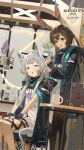  2girls :d :o amiya_(arknights) animal_ear_fluff animal_ears arknights artist_request black_jacket blue_eyes breasts brown_hair brown_pantyhose cat_ears cat_girl cat_tail commentary copyright_name cup dress english_commentary english_text faucet flower green_eyes grey_hair hair_tie highres holding_another&#039;s_hair hood hood_down infection_monitor_(arknights) jacket jewelry lavender_(flower) mug multiple_girls multiple_rings official_art open_mouth pantyhose plant potted_plant rabbit_ears rabbit_girl ring rosmontis_(arknights) second-party_source sitting smile standing steam tail tying_another&#039;s_hair white_dress 