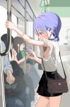  2boys 3girls areola_slip arm_up bag black_skirt breasts cellphone from_side hair_ornament hayakawa_sena_(pei_iriya) highres holding holding_phone long_hair looking_at_phone multiple_boys multiple_girls no_bra original pei_iriya petite phone purple_eyes purple_hair shirt shoulder_bag sideboob skirt smartphone solo_focus standing train_interior twintails wireless_earphones 