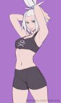  1girl absurdres alternate_costume artist_name black_shorts black_sports_bra blue_eyes breasts hair_bobbles hair_ornament highres kalruna looking_at_viewer navel patreon_username pokemon pokemon_bw2 purple_background roxie_(pokemon) short_shorts shorts simple_background small_breasts solo sports_bra web_address white_hair 
