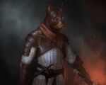 2020 anthro armor black_nose brown_body brown_clothing brown_eyes brown_fur brown_gloves brown_handwear brown_scarf canid canine canis closed_frown clothed clothed_anthro clothed_male clothing colored digital_media_(artwork) digital_painting_(artwork) dobermann domestic_dog embers english_description frown fur gauntlets gloves grey_clothing grey_shirt grey_topwear grey_tunic half-length_portrait handwear hi_res historia_(game) holding_melee_weapon holding_object holding_sword holding_weapon left-handed light lighting male male_anthro mammal melee_weapon michele_marchionne mouth_closed multicolored_body multicolored_fur outside painting_(artwork) pauldron pinscher portrait scarf shaded sheathed_weapon shirt smoke solo standing sword sword_hilt topwear tunic two_tone_body two_tone_fur weapon