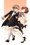  1boy 1girl age_difference amada_ken black_bow black_bowtie black_dress black_jacket black_shoes black_shorts blush bow bowtie brown_background brown_eyes brown_hair closed_eyes commentary_request dress eca_leaf gradient_background hair_ornament hand_on_another&#039;s_back hand_on_another&#039;s_shoulder high_heels highres jacket looking_at_viewer open_mouth outstretched_arm persona persona_3 persona_3_portable shiomi_kotone shirt shoes shorts smile socks standing standing_on_one_leg suit white_background white_shirt white_socks x_hair_ornament 